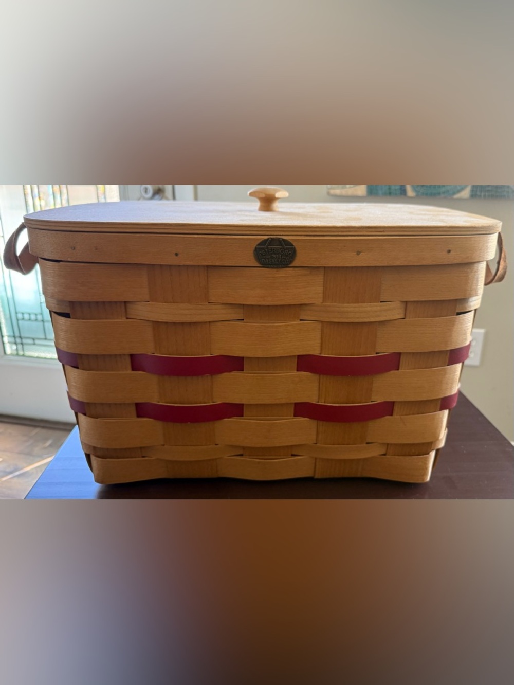Natural Wood Weave Basket with Red Accents